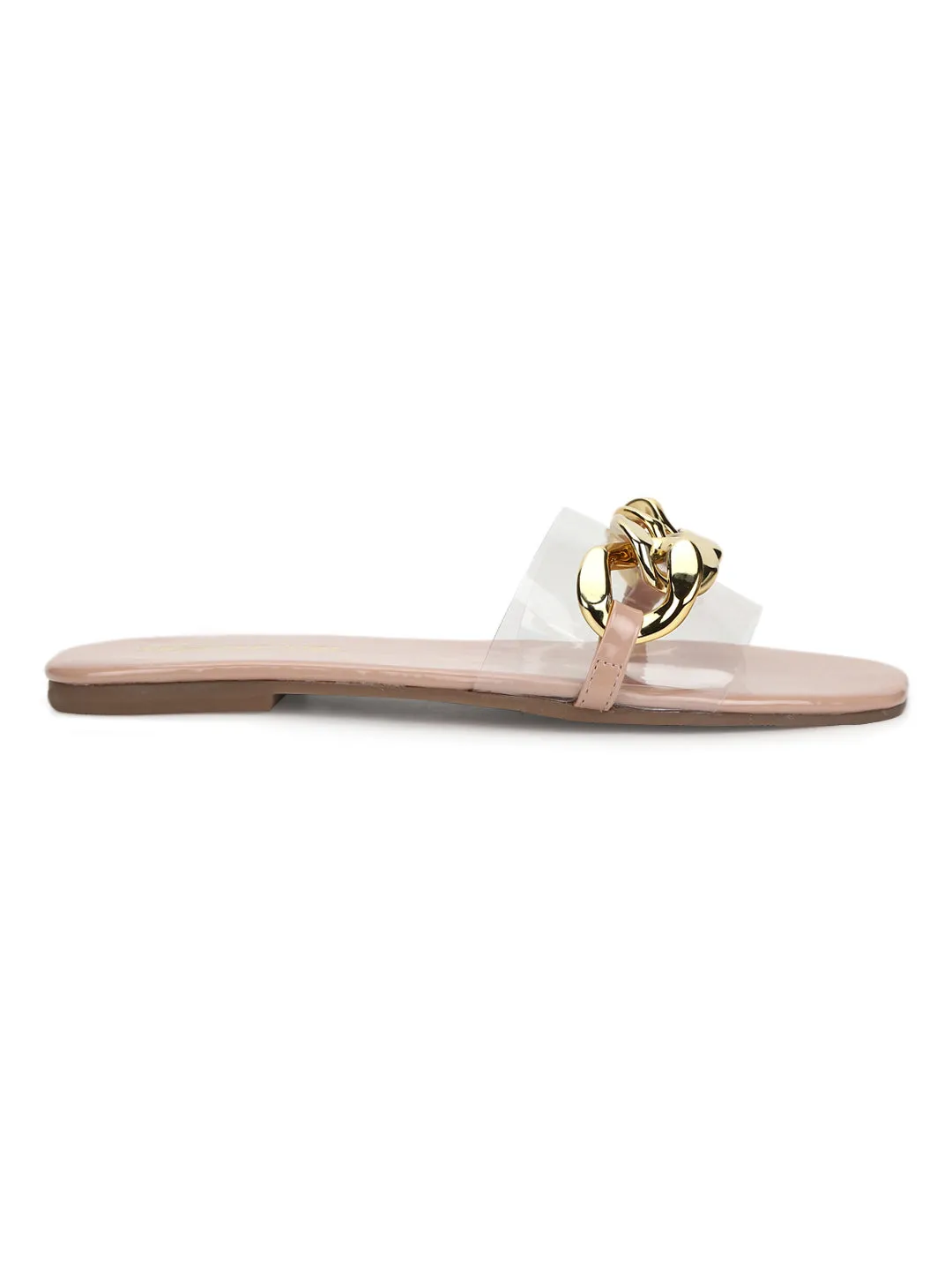 Nude PU Gold Chain Slides