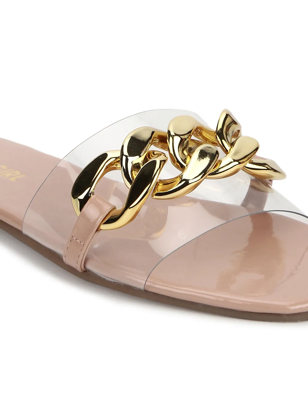 Nude PU Gold Chain Slides