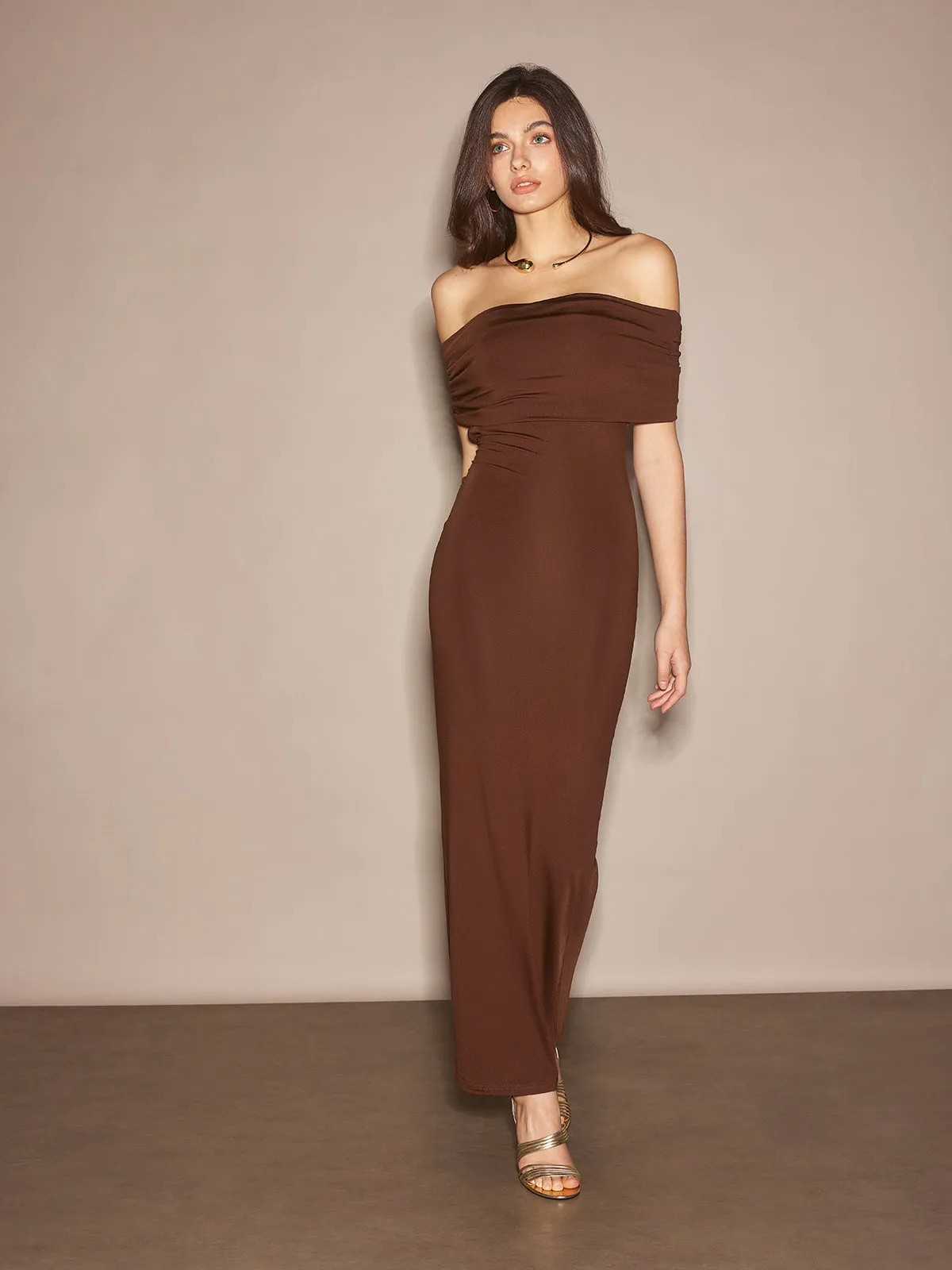 Off-Shoulder Ruched Slim Long Dress