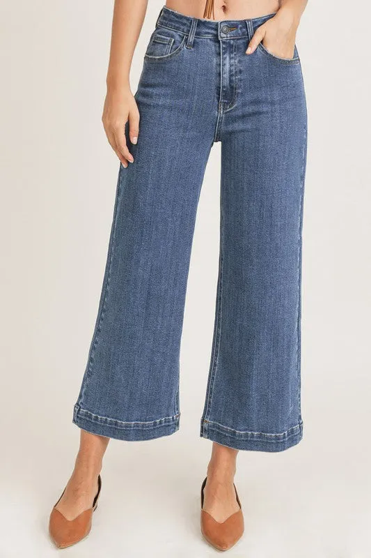 Olivette Cropped Wide Leg High Rise Jeans - Dark