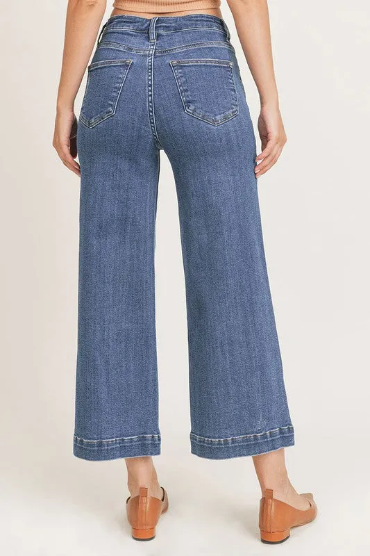 Olivette Cropped Wide Leg High Rise Jeans - Dark