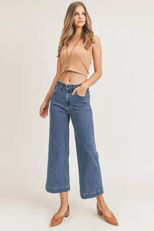 Olivette Cropped Wide Leg High Rise Jeans - Dark