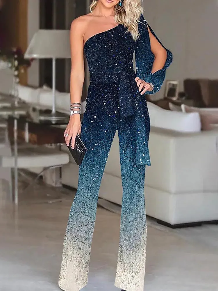 One Shoulder Sequins Long Sleeve Jumpsuit