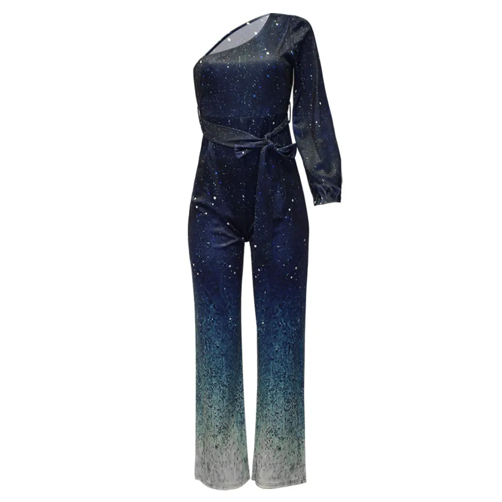 One Shoulder Sequins Long Sleeve Jumpsuit