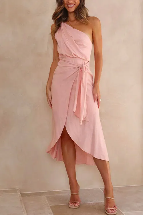 One Shoulder Tie Waist Wrapped Midi Dress