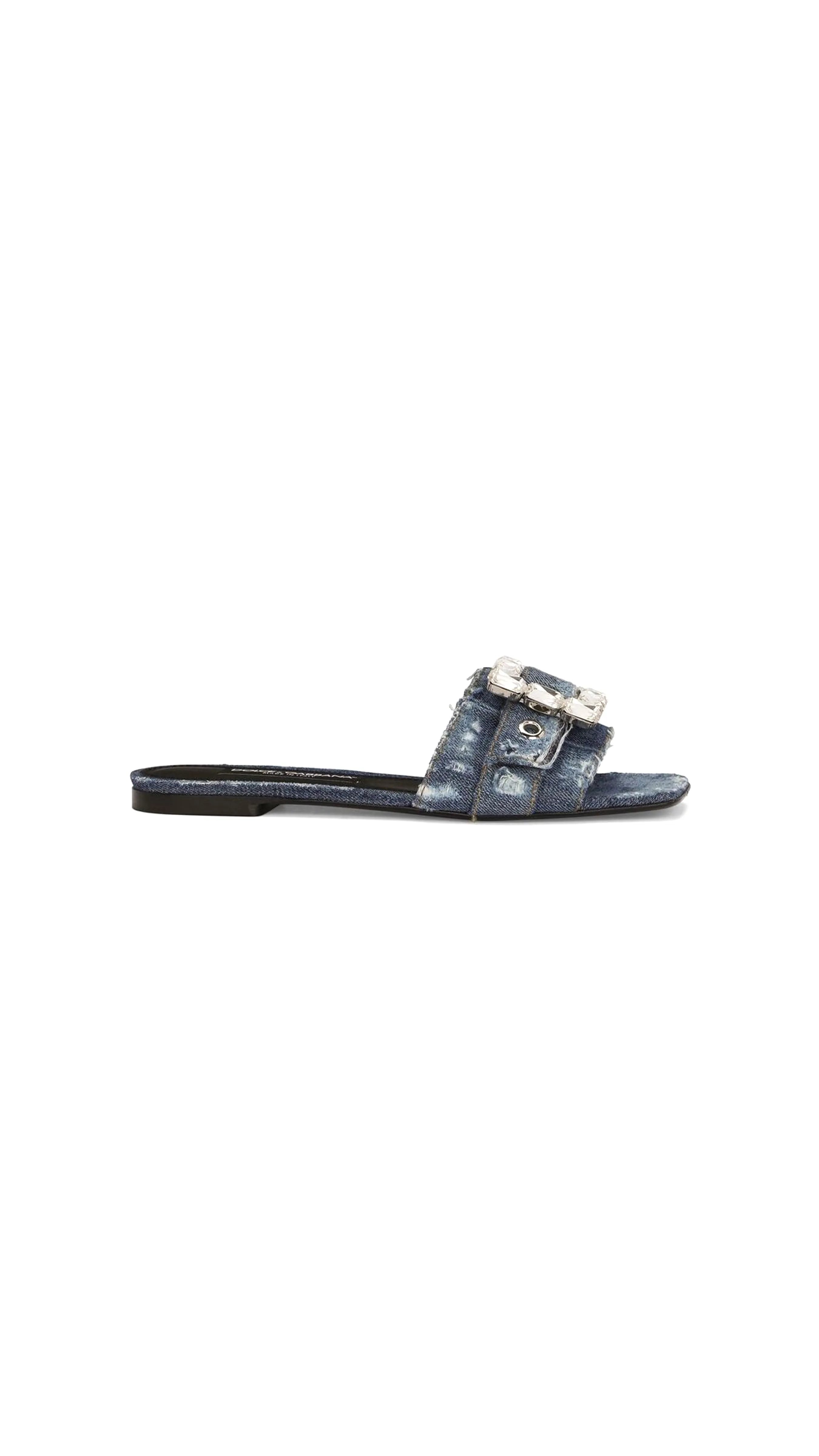 Denim Slides with Rhinestone Buckle and Patchwork