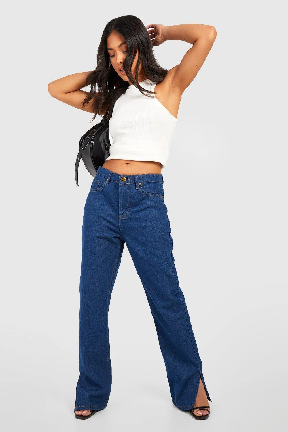 Petite Dark Wash High Waist Split Hem Jeans