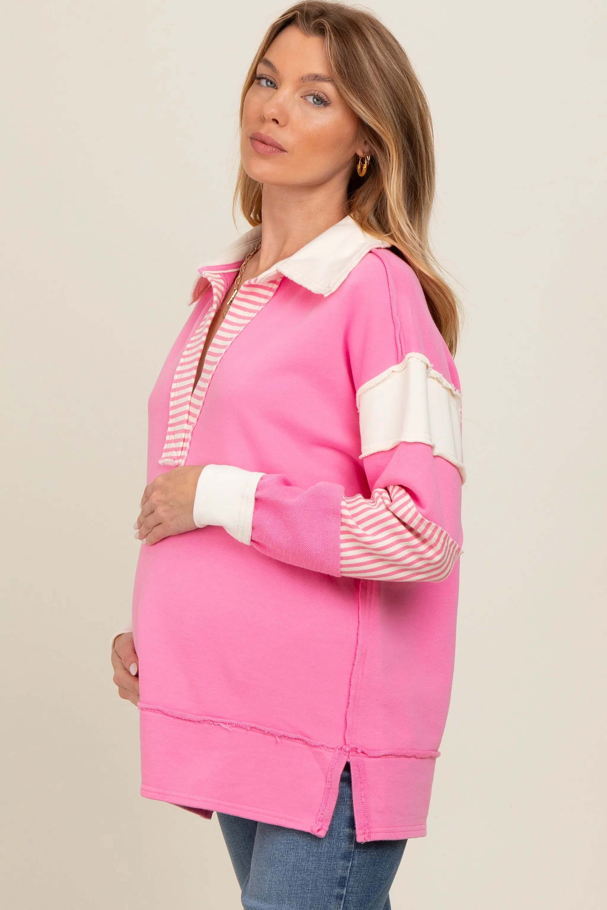 Pink Colorblock Stripe Maternity Polo Pullover Top