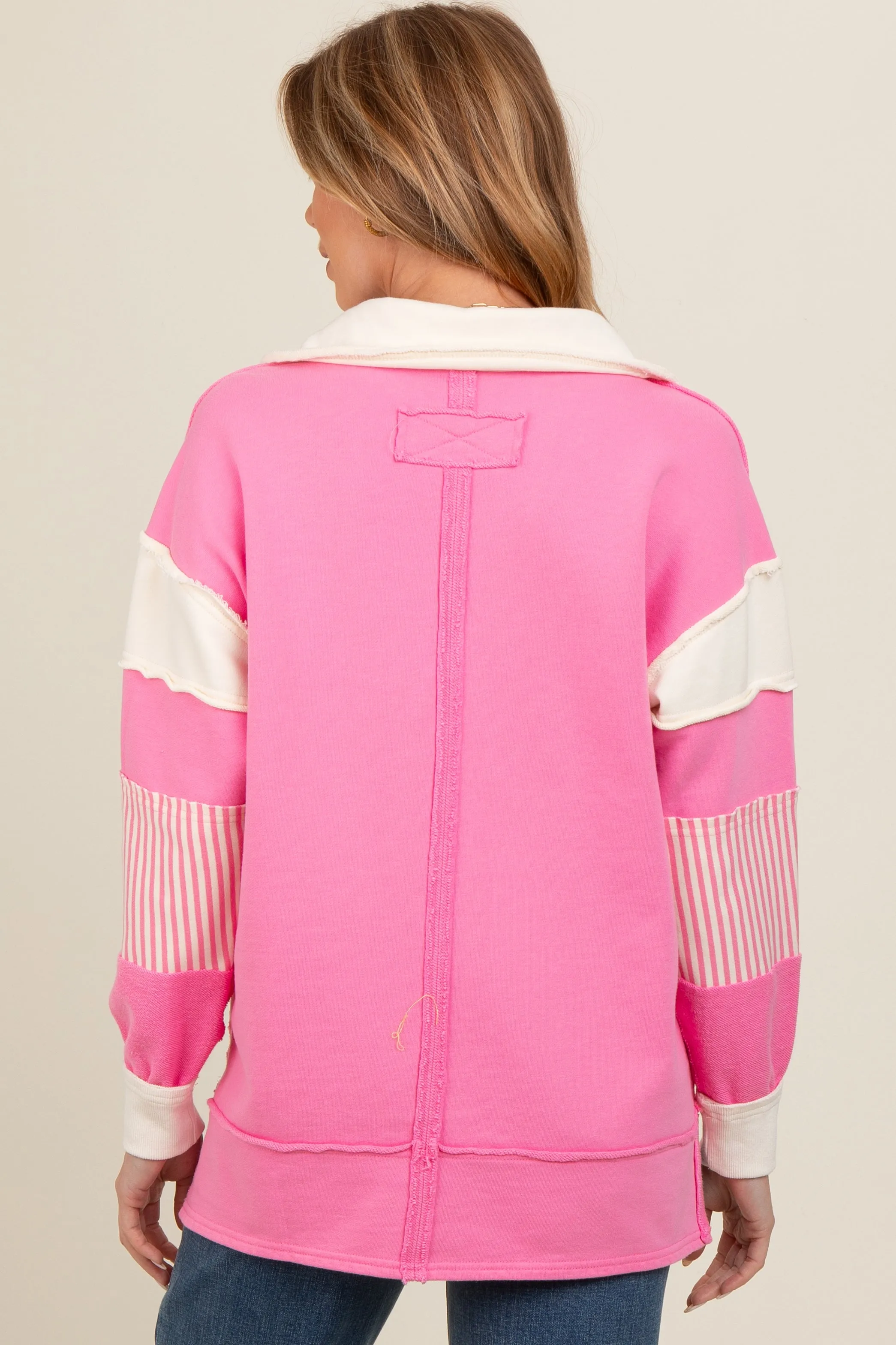 Pink Colorblock Stripe Maternity Polo Pullover Top