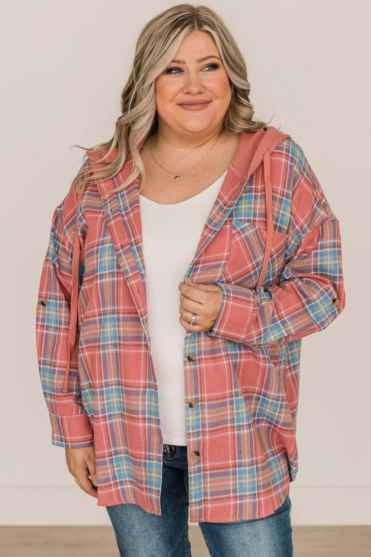 Plaid Button Down Top in Dark Coral & Blue - Steal Hearts