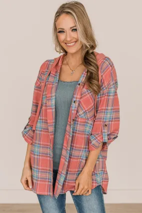 Plaid Button Down Top in Dark Coral & Blue - Steal Hearts