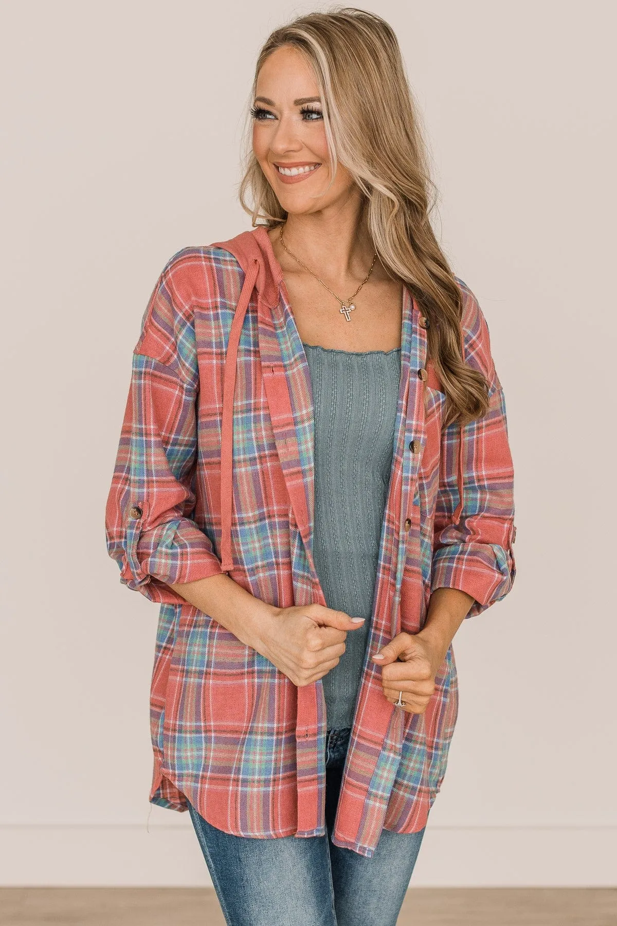 Plaid Button Down Top in Dark Coral & Blue - Steal Hearts