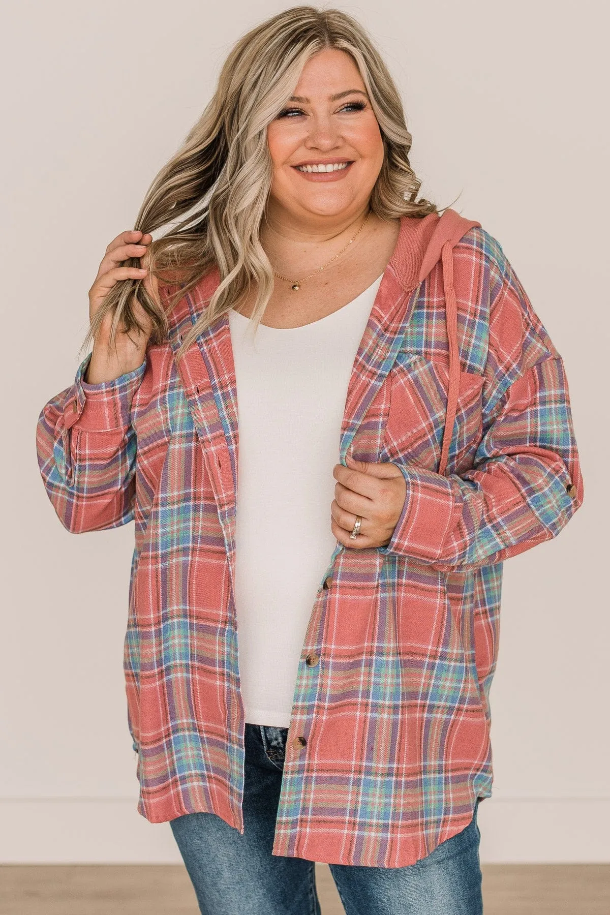 Plaid Button Down Top in Dark Coral & Blue - Steal Hearts