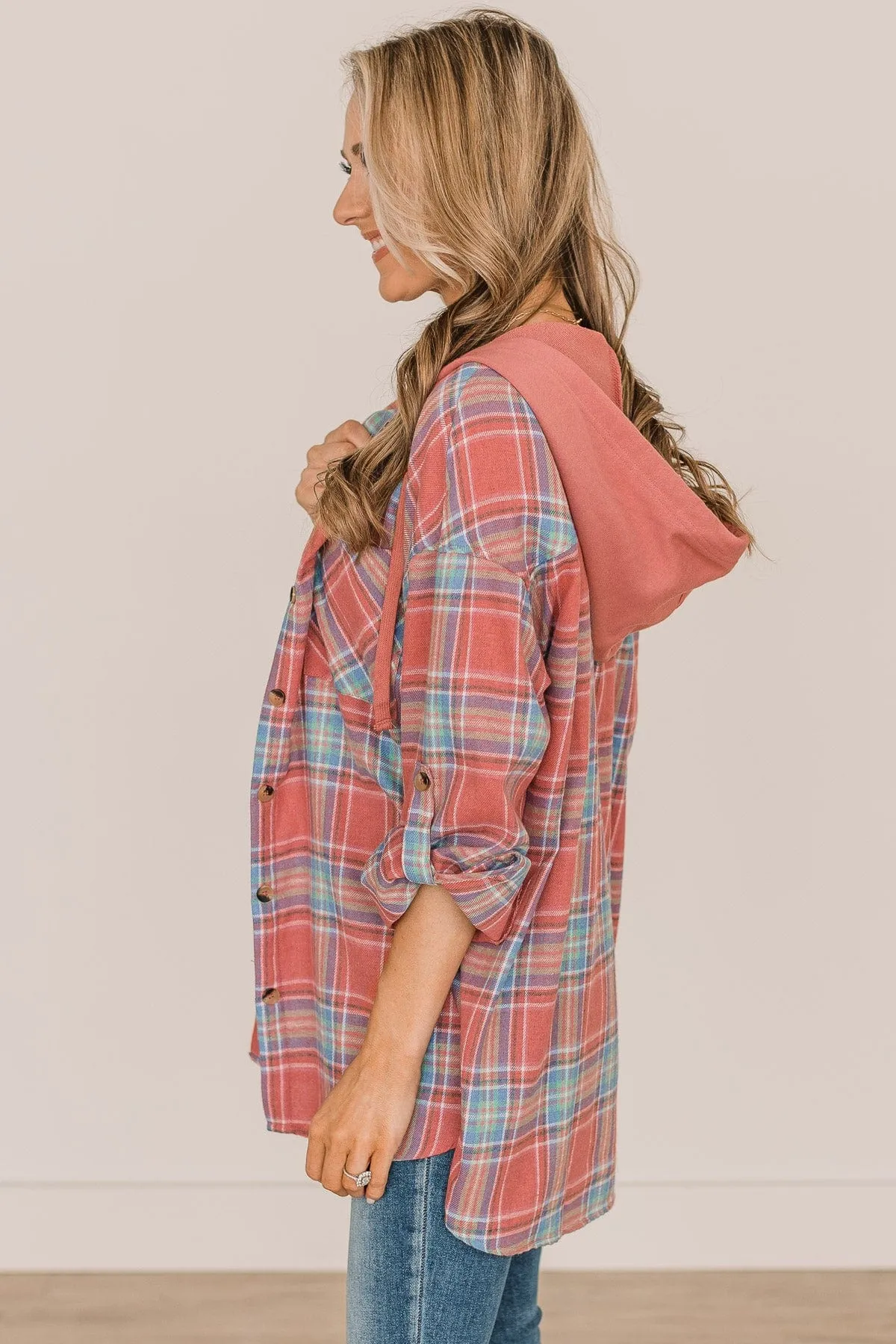 Plaid Button Down Top in Dark Coral & Blue - Steal Hearts