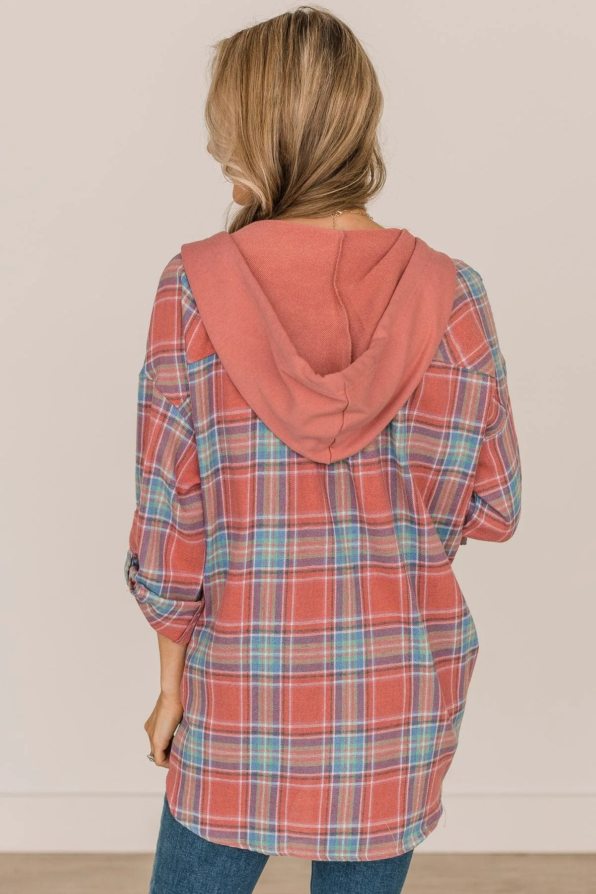 Plaid Button Down Top in Dark Coral & Blue - Steal Hearts