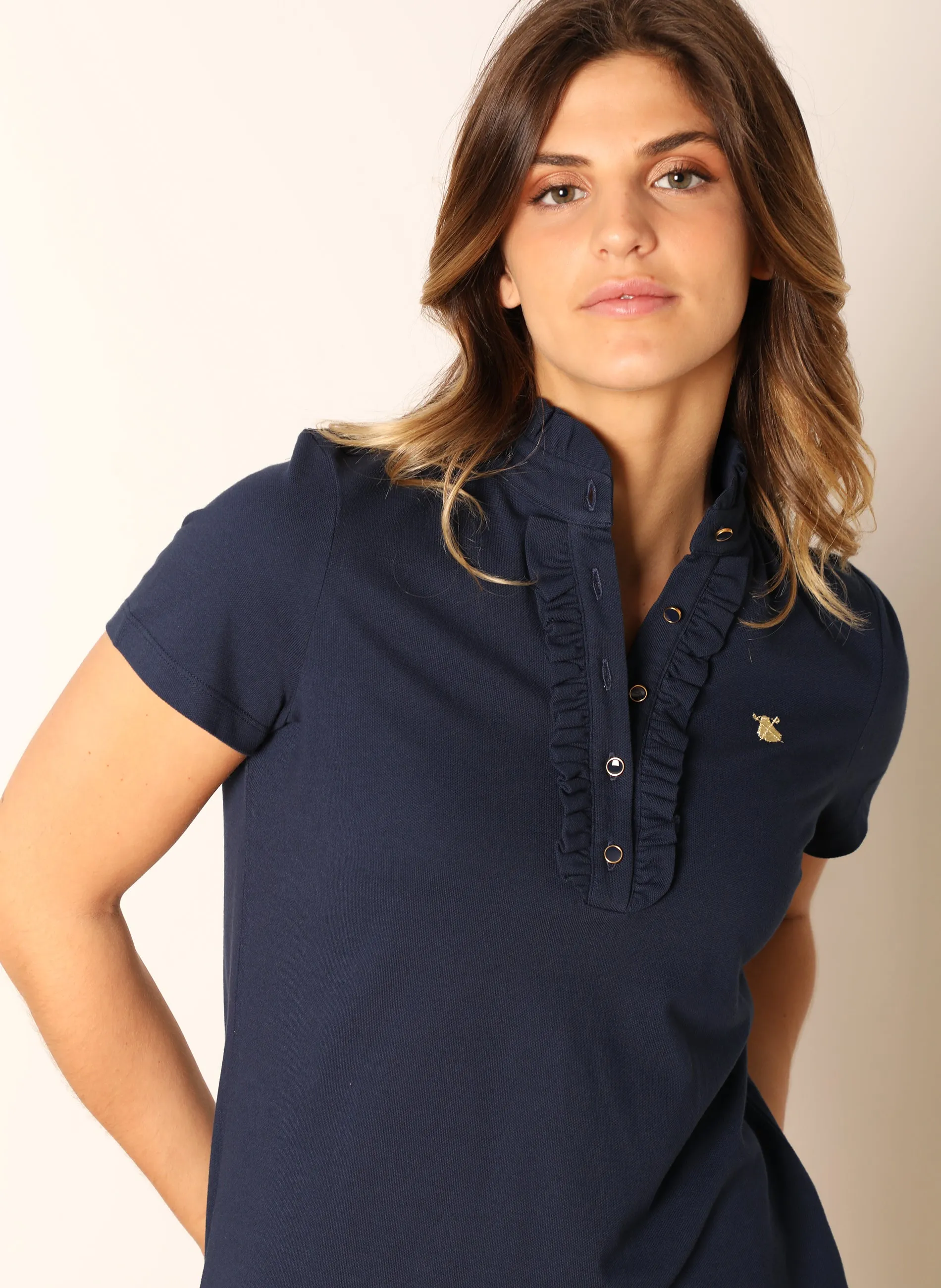 Navy Blue Women's Polo with Ruffles