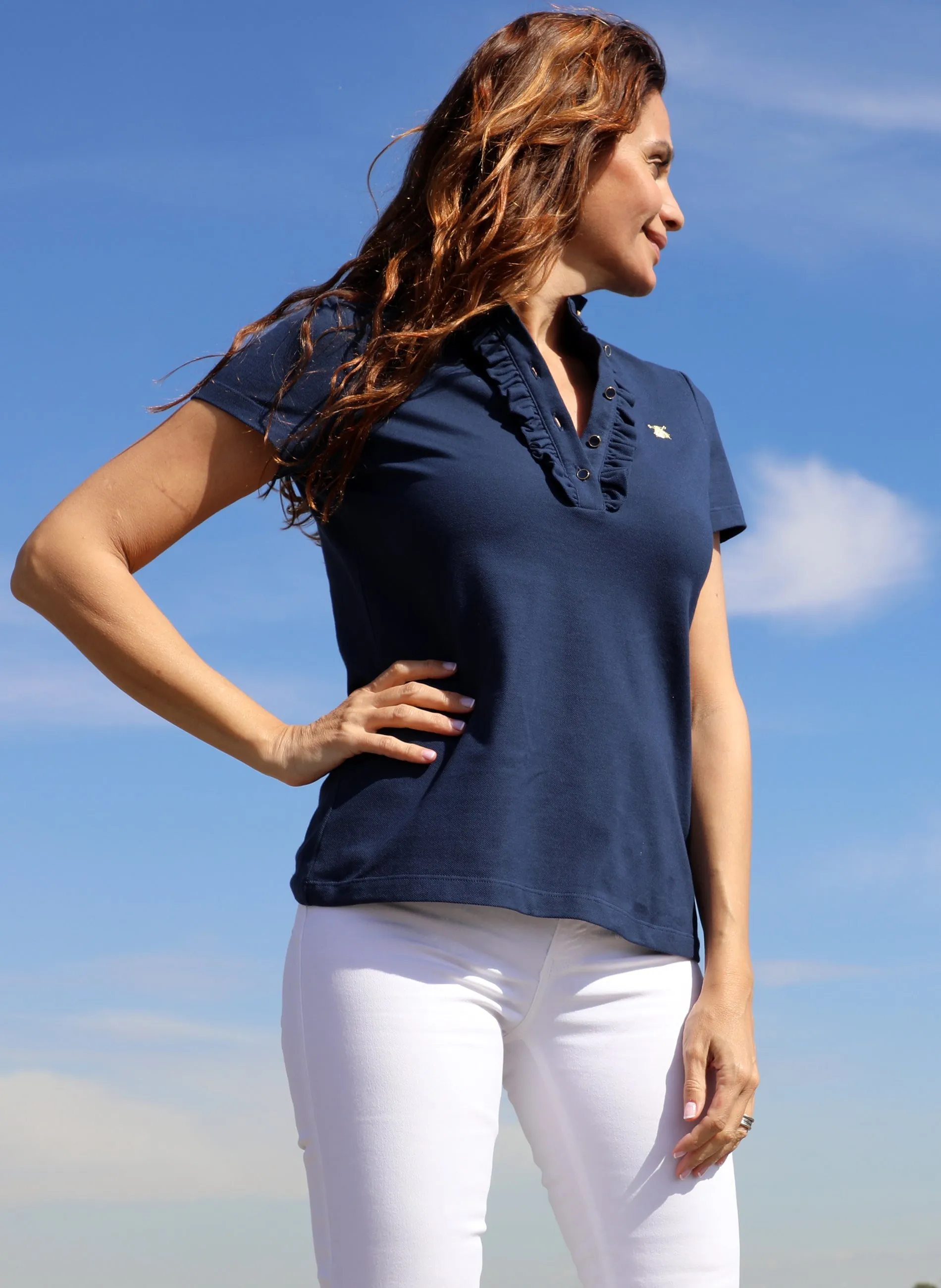 Navy Blue Women's Polo with Ruffles