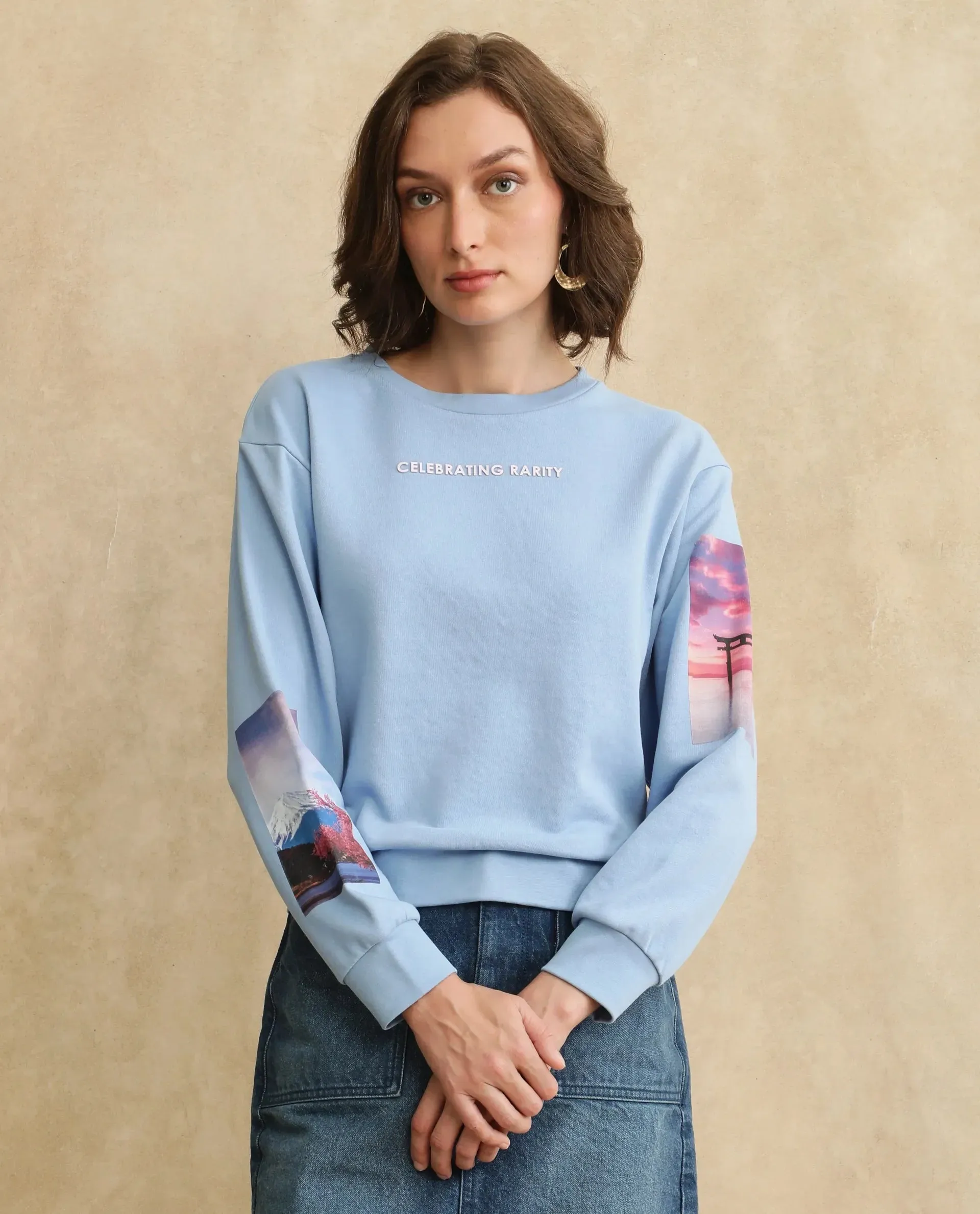 Rareism Women Briske Light Blue Cotton Blend Fabric Full Sleeve Crew Neck Relaxed Fit Graphic Print Sweatshirt