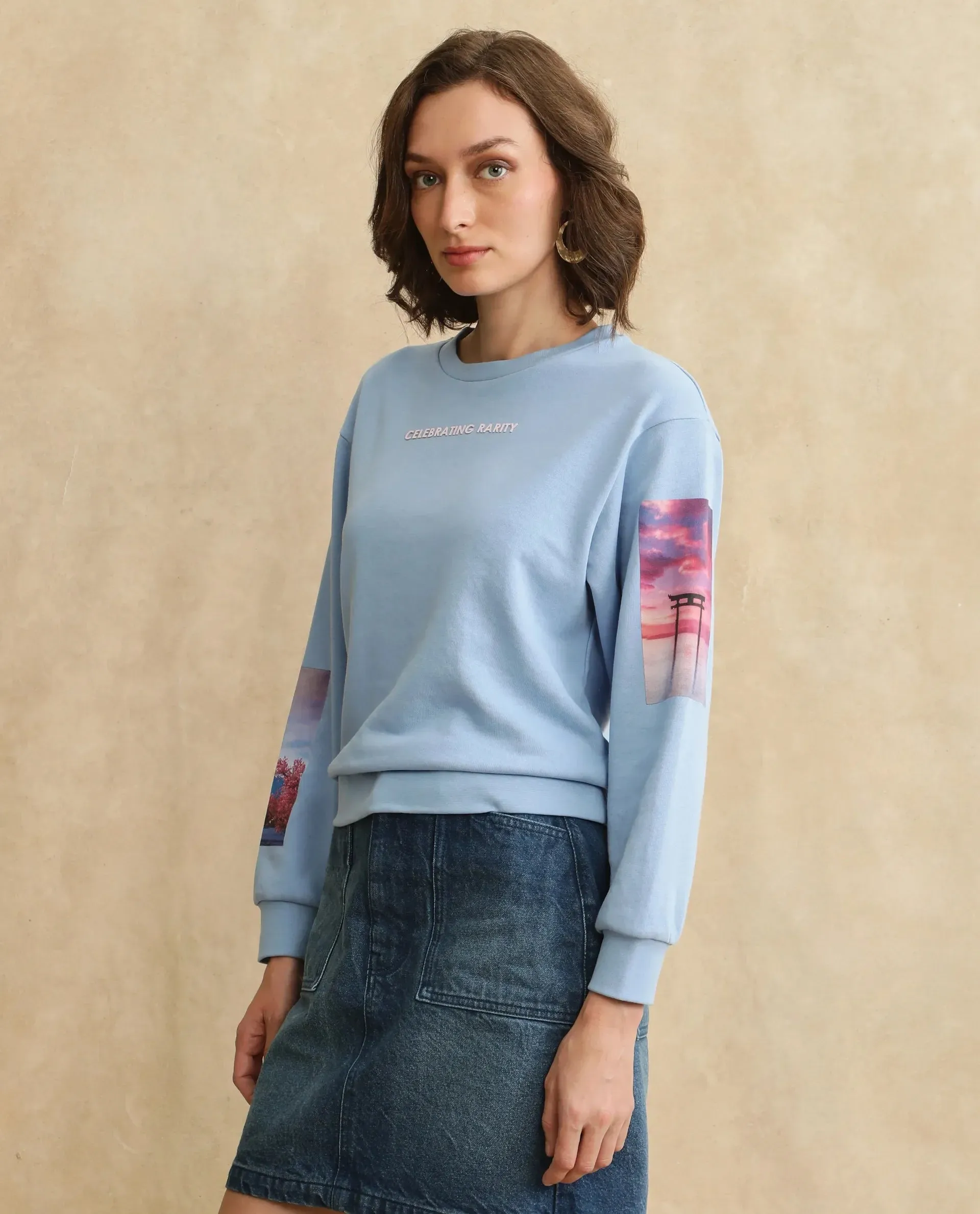 Rareism Women Briske Light Blue Cotton Blend Fabric Full Sleeve Crew Neck Relaxed Fit Graphic Print Sweatshirt