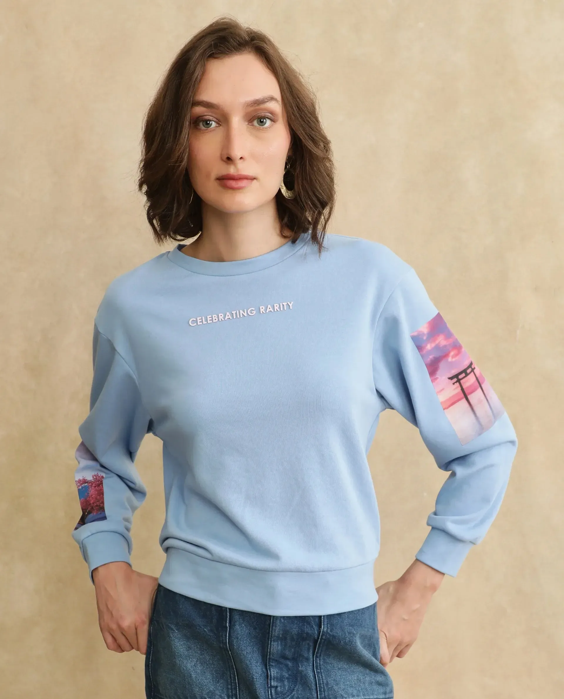 Rareism Women Briske Light Blue Cotton Blend Fabric Full Sleeve Crew Neck Relaxed Fit Graphic Print Sweatshirt