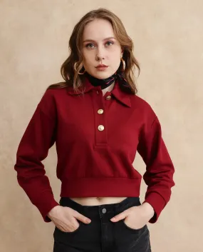 Rareism Women Celtik Maroon Cotton Blend Fabric Full Sleeve Collared Neck Button Closure Relaxed Fit Cropped Plain Sweatshirt