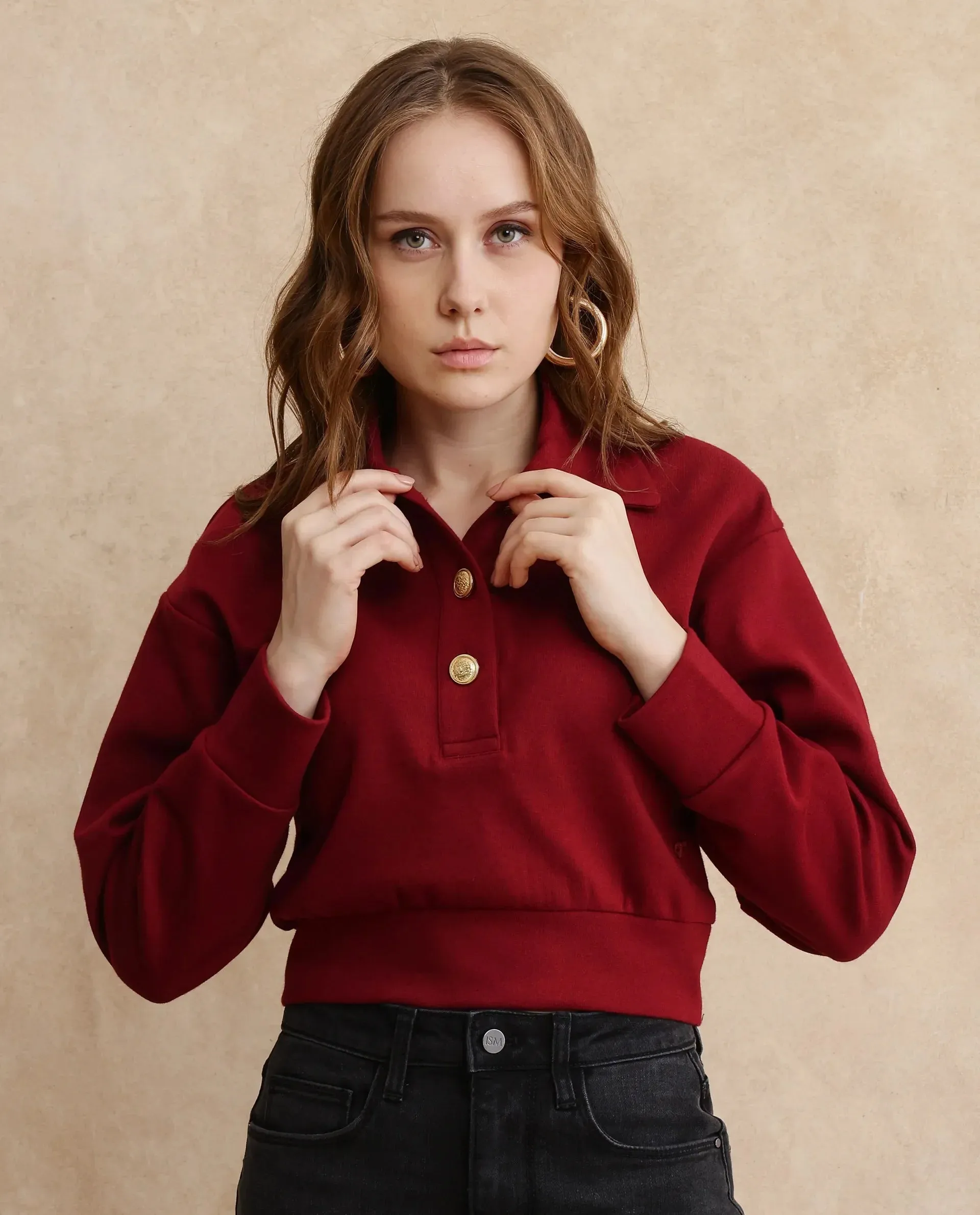 Rareism Women Celtik Maroon Cotton Blend Fabric Full Sleeve Collared Neck Button Closure Relaxed Fit Cropped Plain Sweatshirt