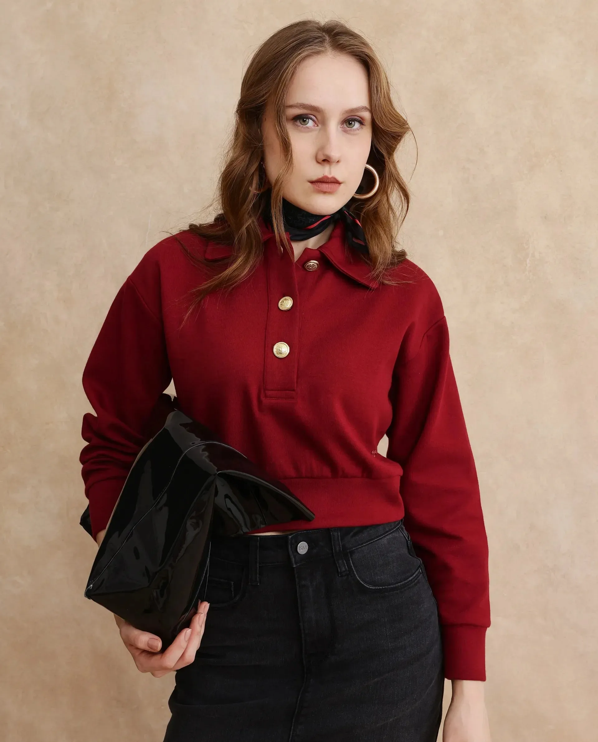 Rareism Women Celtik Maroon Cotton Blend Fabric Full Sleeve Collared Neck Button Closure Relaxed Fit Cropped Plain Sweatshirt