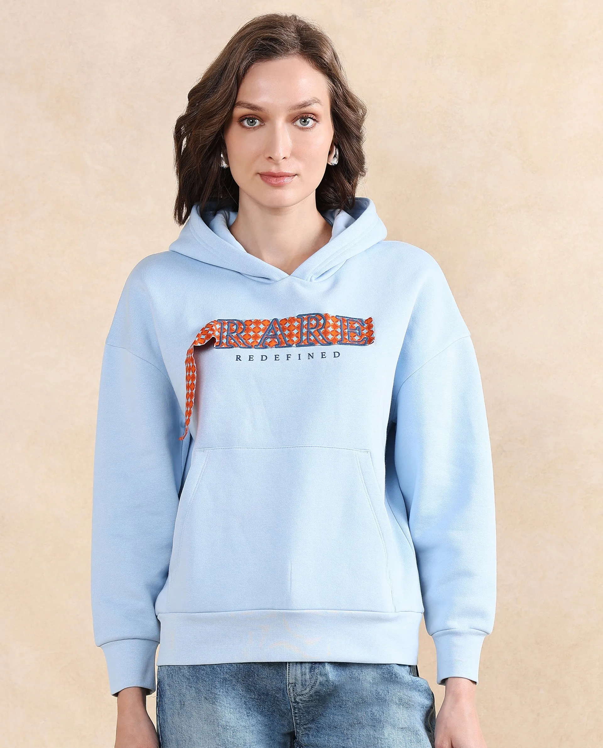 Rareism Women Emtap Light Blue Cotton Blend Fabric Full Sleeve Hooded Relaxed Fit Graphic Print Sweatshirt