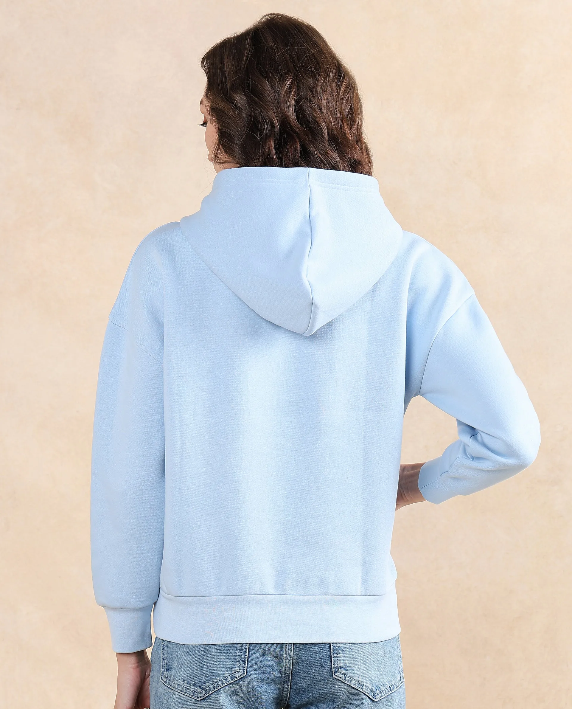 Rareism Women Emtap Light Blue Cotton Blend Fabric Full Sleeve Hooded Relaxed Fit Graphic Print Sweatshirt