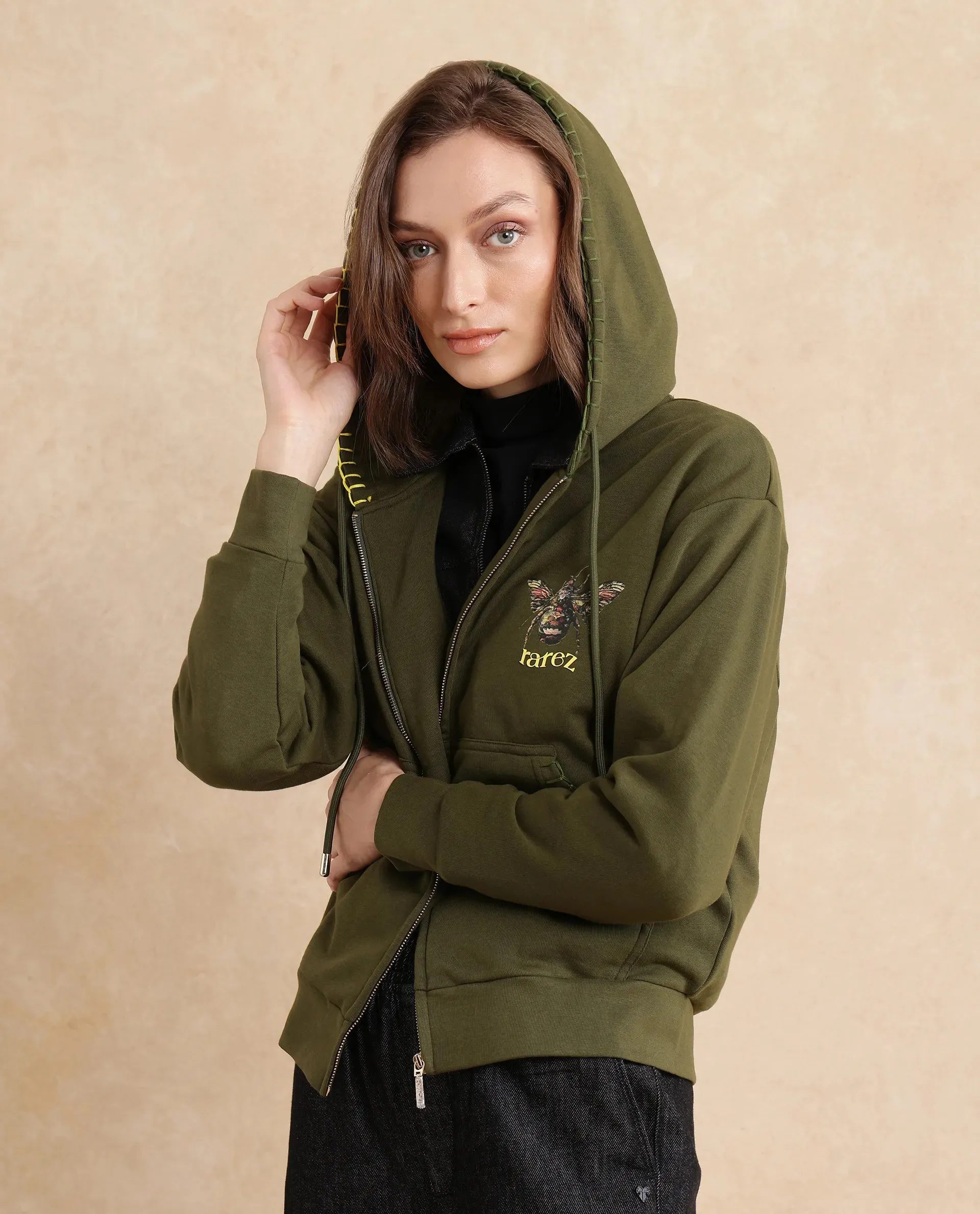 Rareism Women Hemian Olive Cotton Blend Fabric Full Sleeve Hooded Zipper Closure Relaxed Fit Graphic Print Sweatshirt