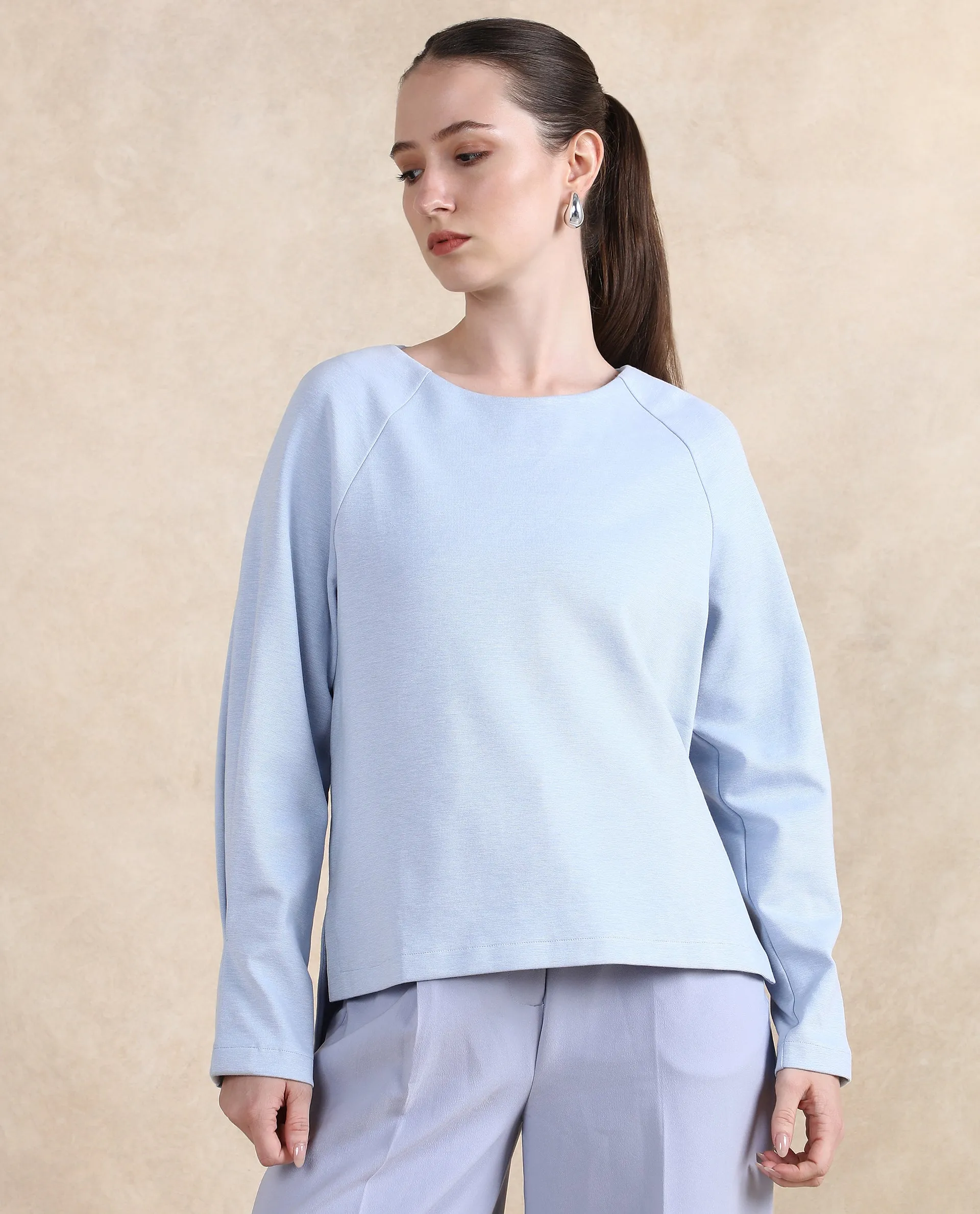 Rareism Women Men'sto Light Blue Cotton Viscose Fabric Full Sleeve Round Neck Zipper Closure Relaxed Fit Plain Sweatshirt