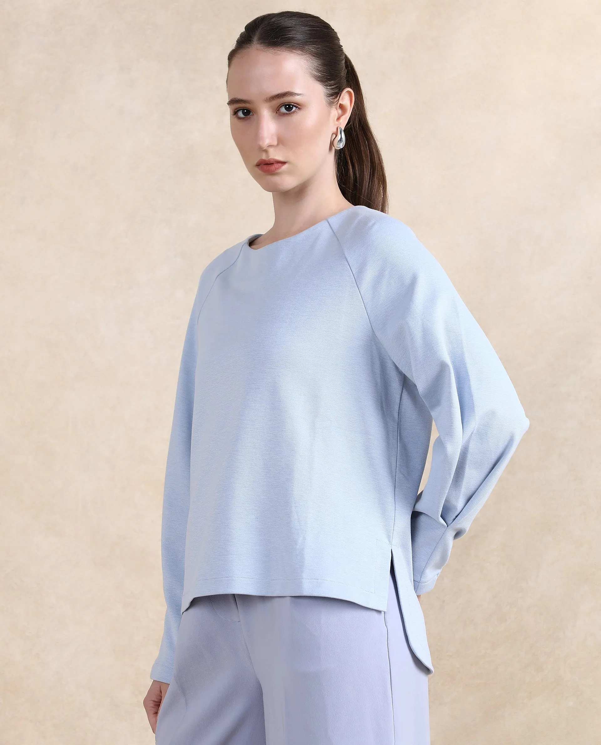 Rareism Women Men'sto Light Blue Cotton Viscose Fabric Full Sleeve Round Neck Zipper Closure Relaxed Fit Plain Sweatshirt