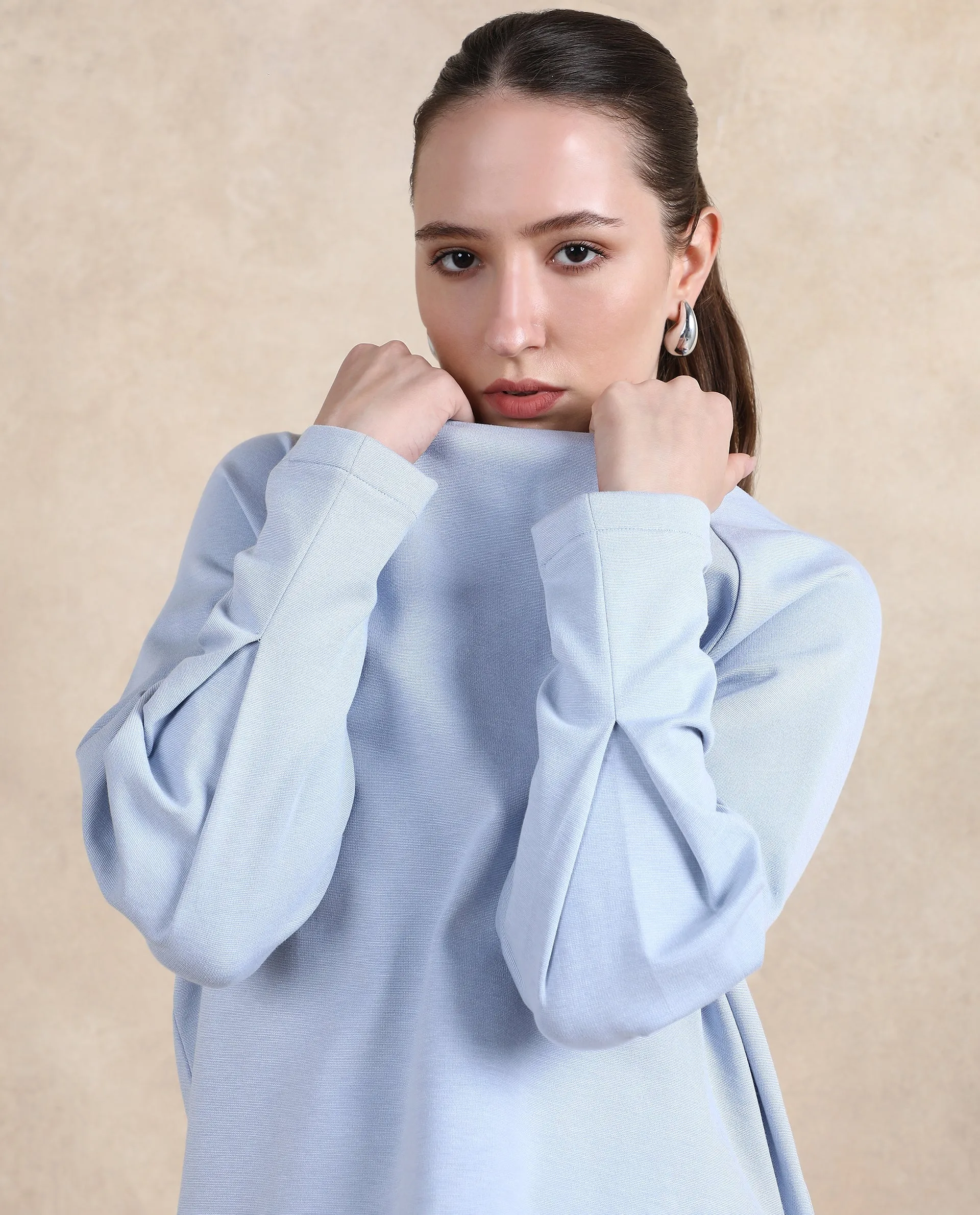 Rareism Women Men'sto Light Blue Cotton Viscose Fabric Full Sleeve Round Neck Zipper Closure Relaxed Fit Plain Sweatshirt