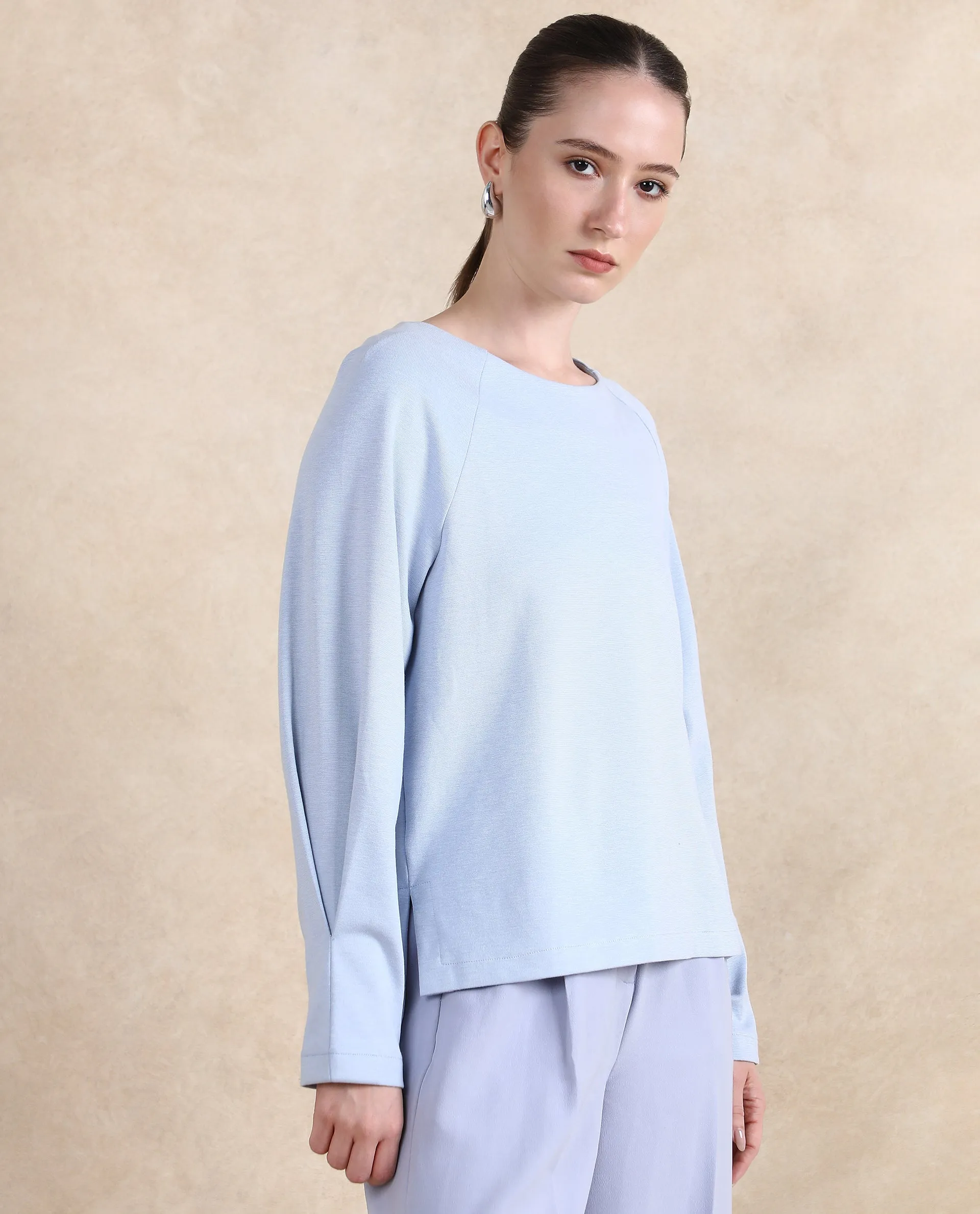 Rareism Women Men'sto Light Blue Cotton Viscose Fabric Full Sleeve Round Neck Zipper Closure Relaxed Fit Plain Sweatshirt