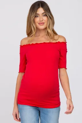 Red Maternity Off Shoulder Top with Lettuce Hem.