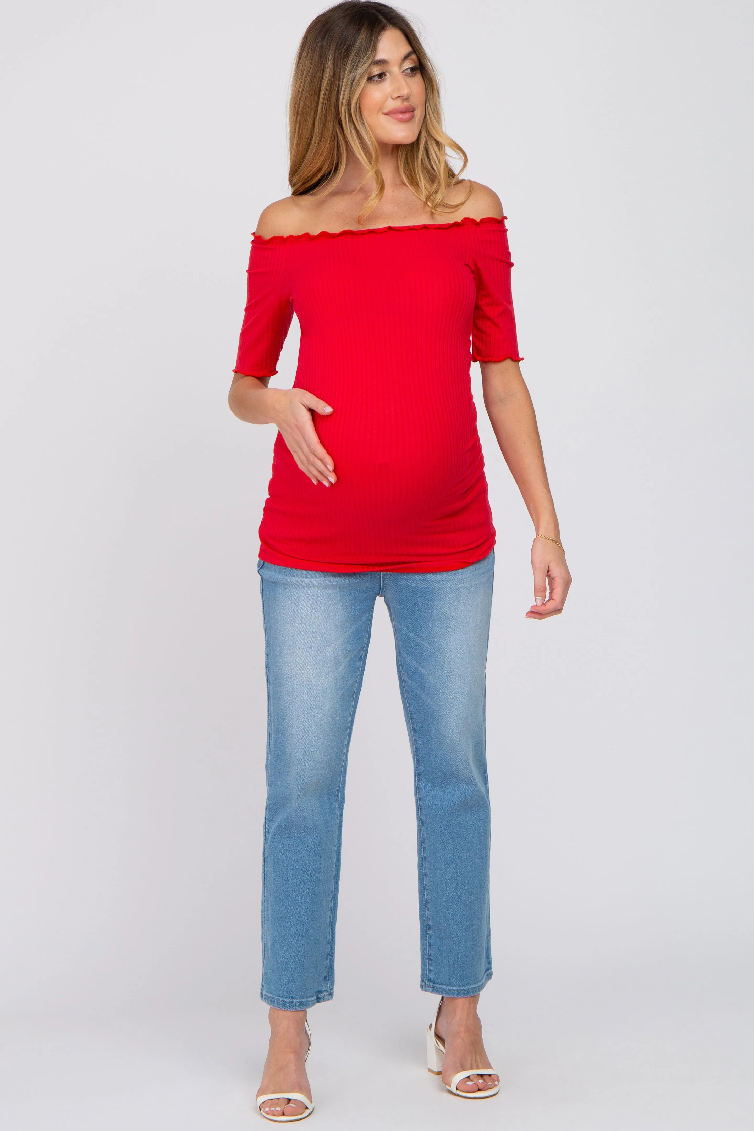 Red Maternity Off Shoulder Top with Lettuce Hem.