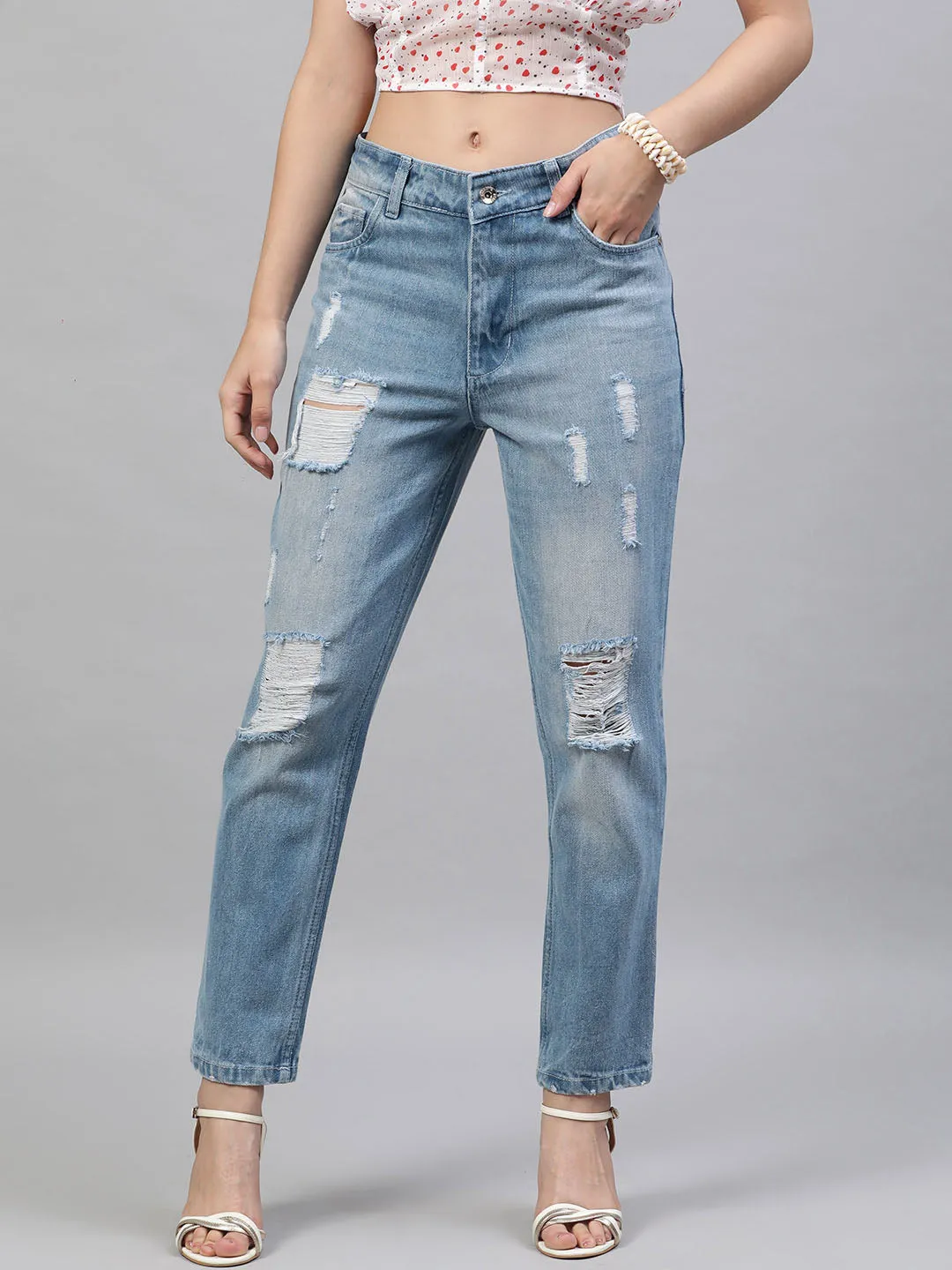 Relaxed Fit Mid-Rise Distressed Jeans