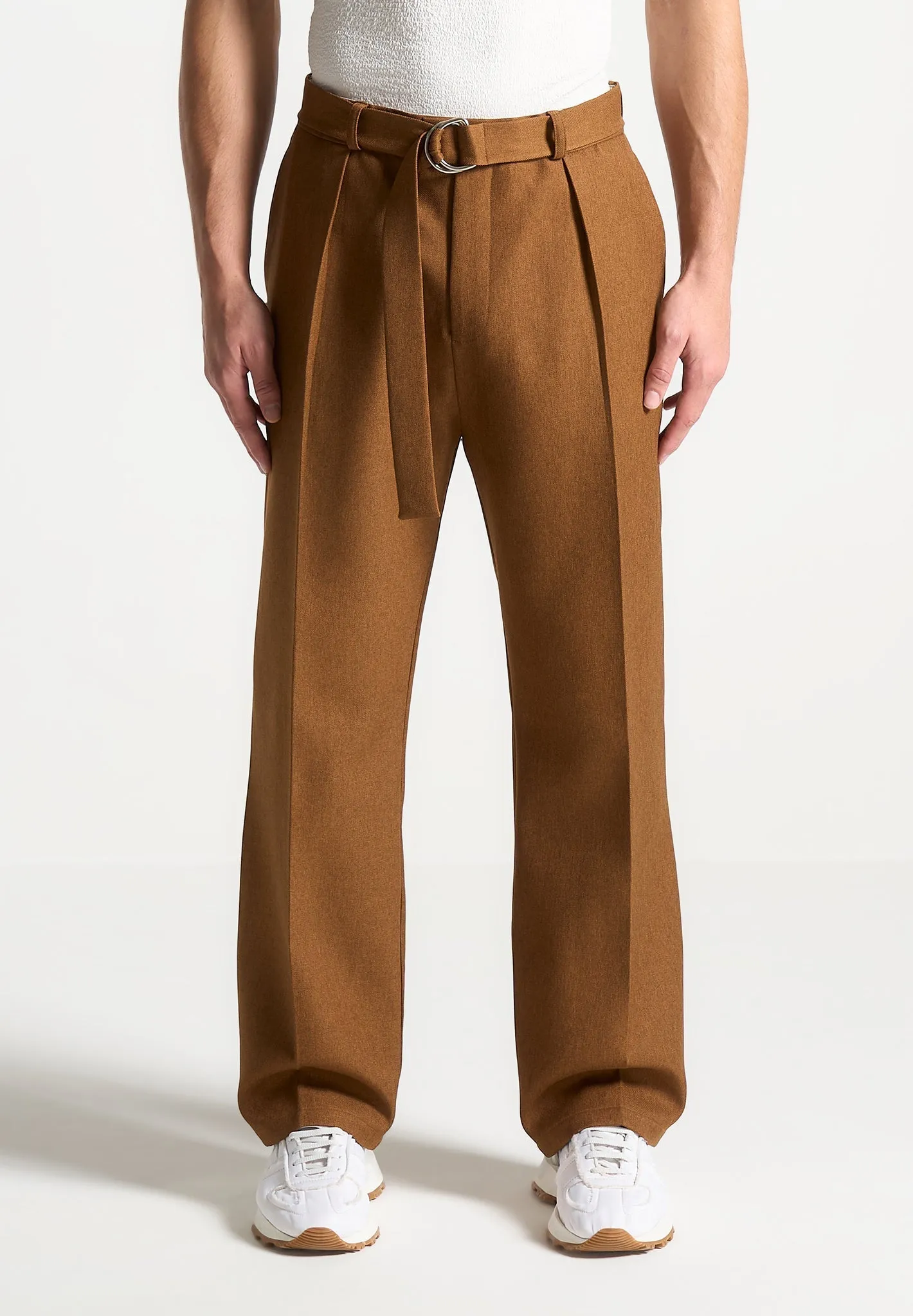 Relaxed Fit Textured Belted Tailored Trousers - Fawn