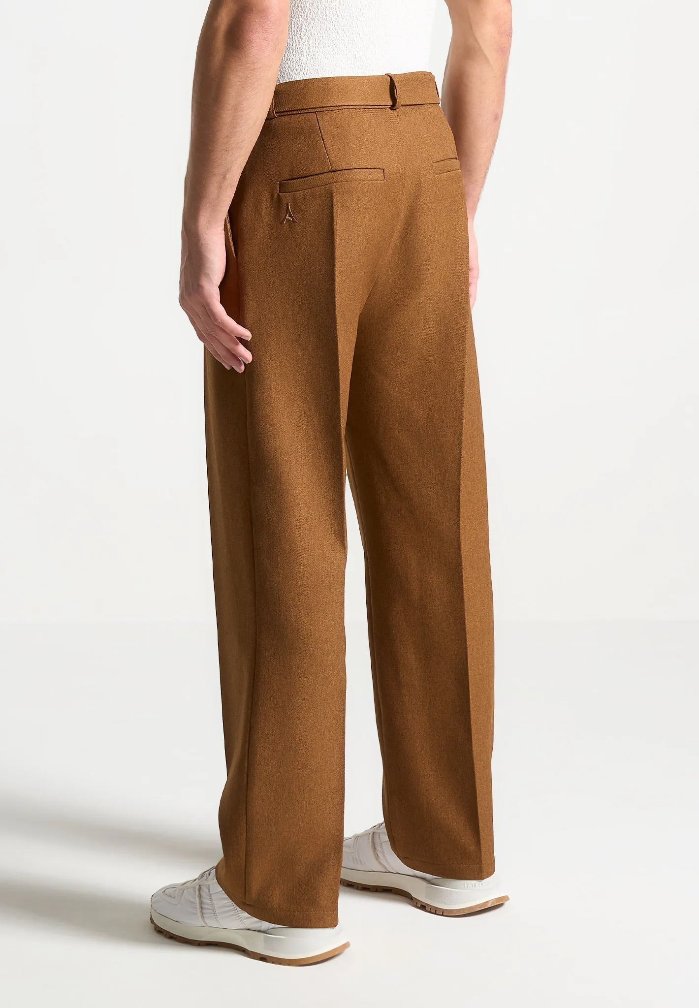 Relaxed Fit Textured Belted Tailored Trousers - Fawn