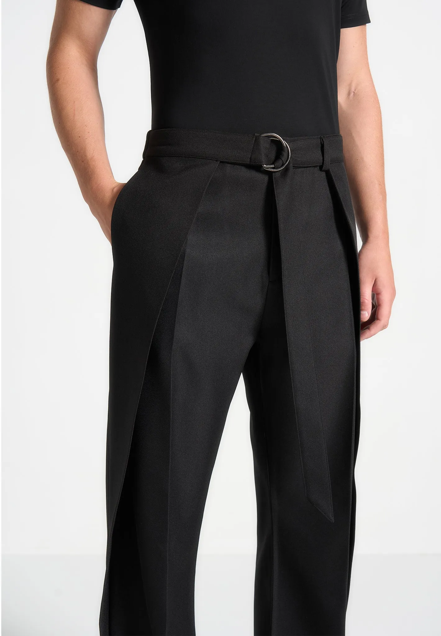 Relaxed Fit Wrap Leg Tailored Trousers - Black