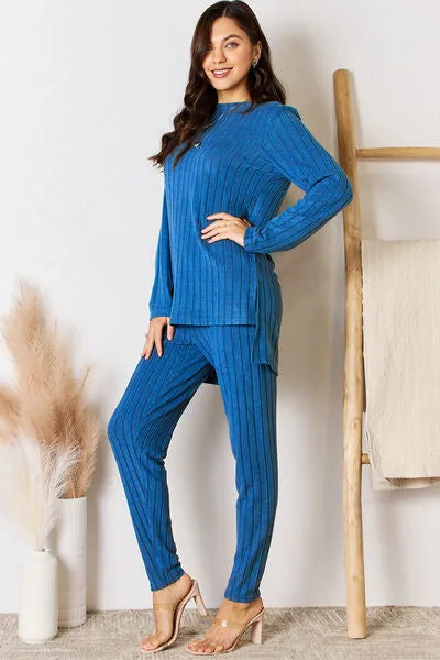 Ribbed Round Neck High-Low Top and Pants Set