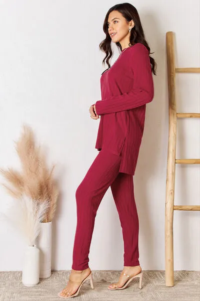 Ribbed Round Neck High-Low Top and Pants Set