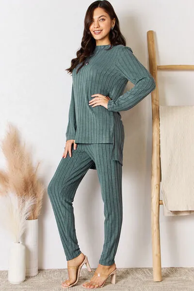 Ribbed Round Neck High-Low Top and Pants Set