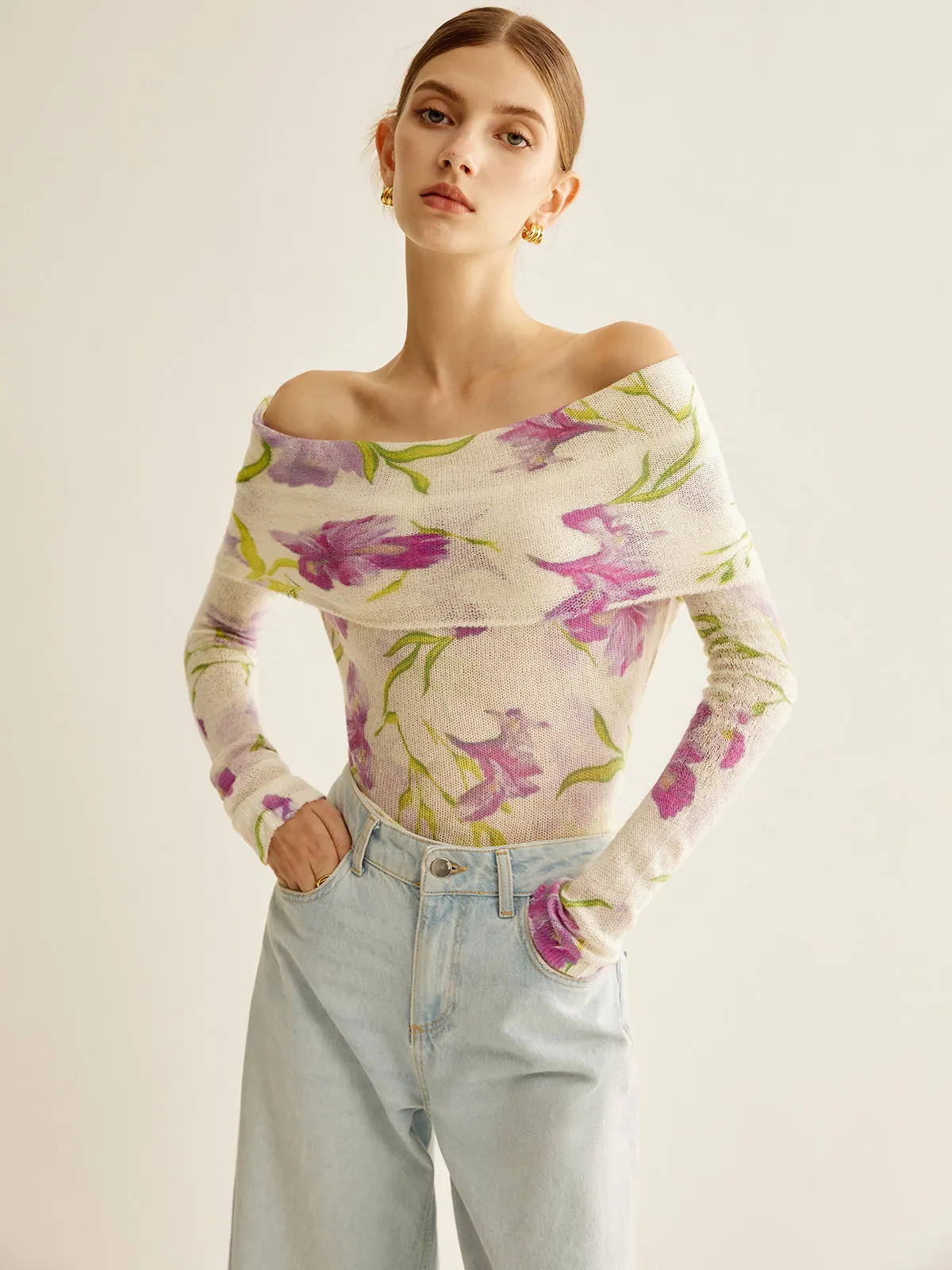 Romance Off-Shoulder Printed Knit Top