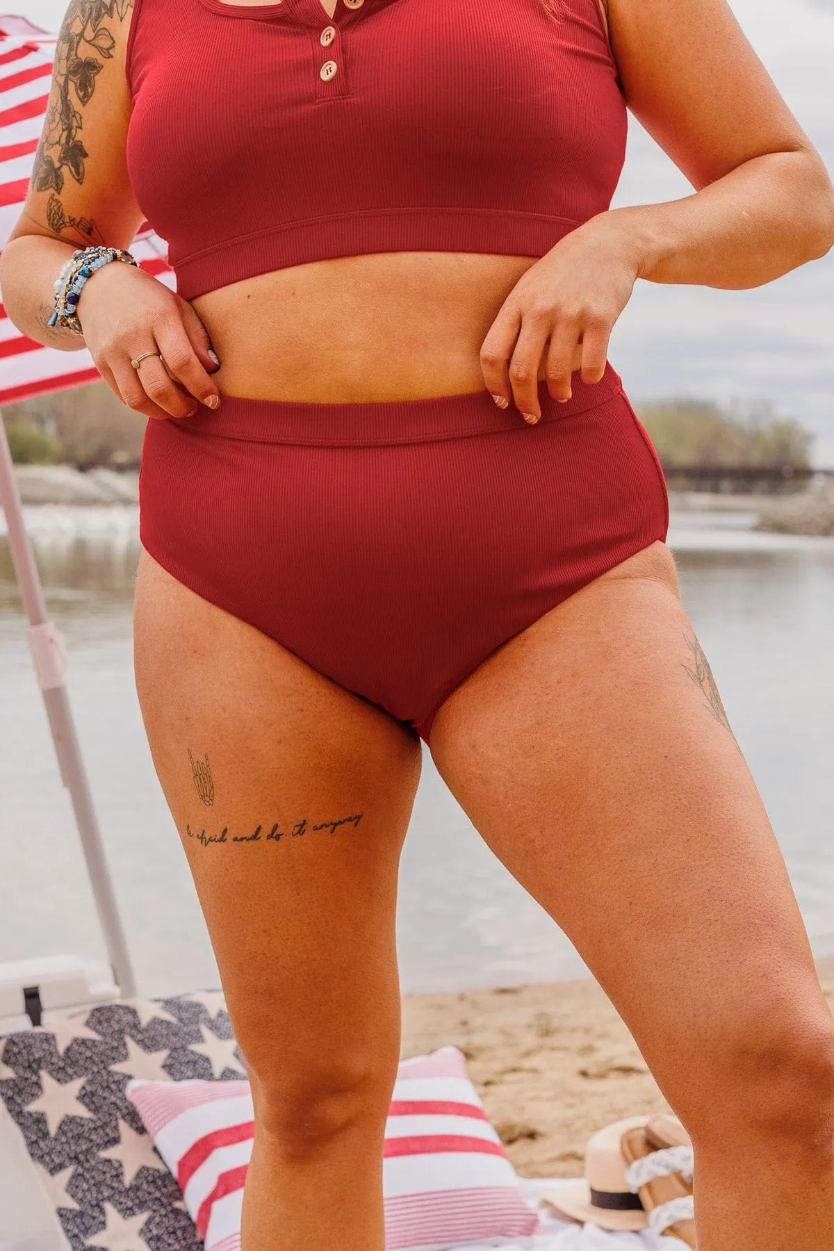 Red Ribbed Knit Swim Bottoms