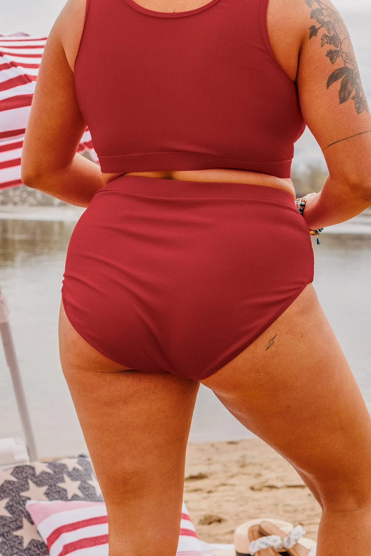 Red Ribbed Knit Swim Bottoms