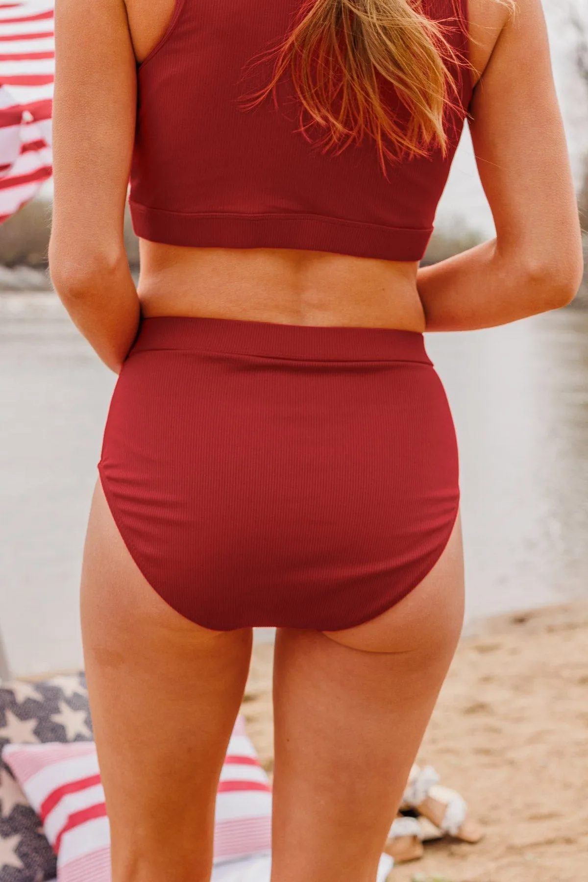 Red Ribbed Knit Swim Bottoms