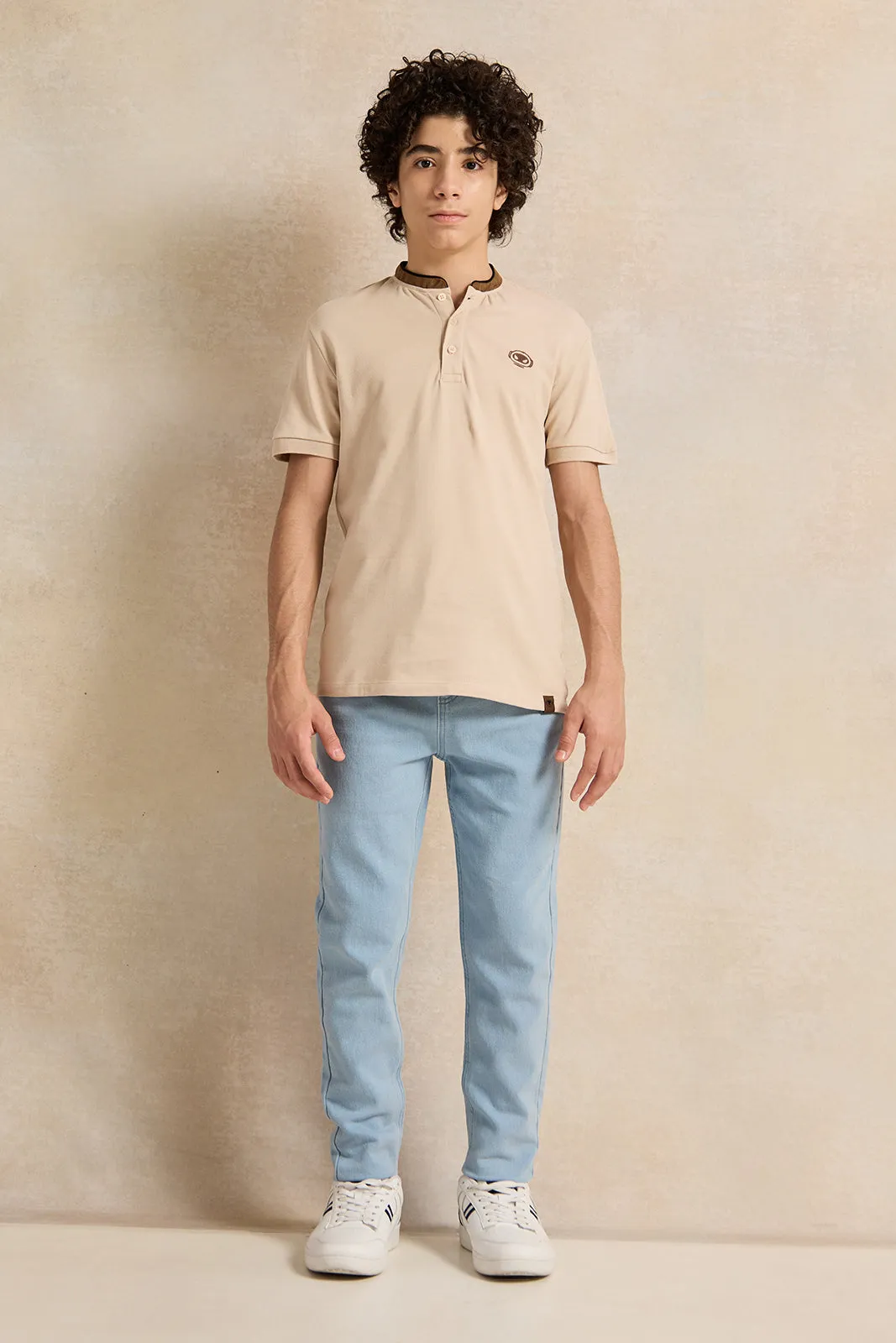 Senior Boys Beige Embroidered Polo Shirt