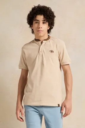 Senior Boys Beige Embroidered Polo Shirt