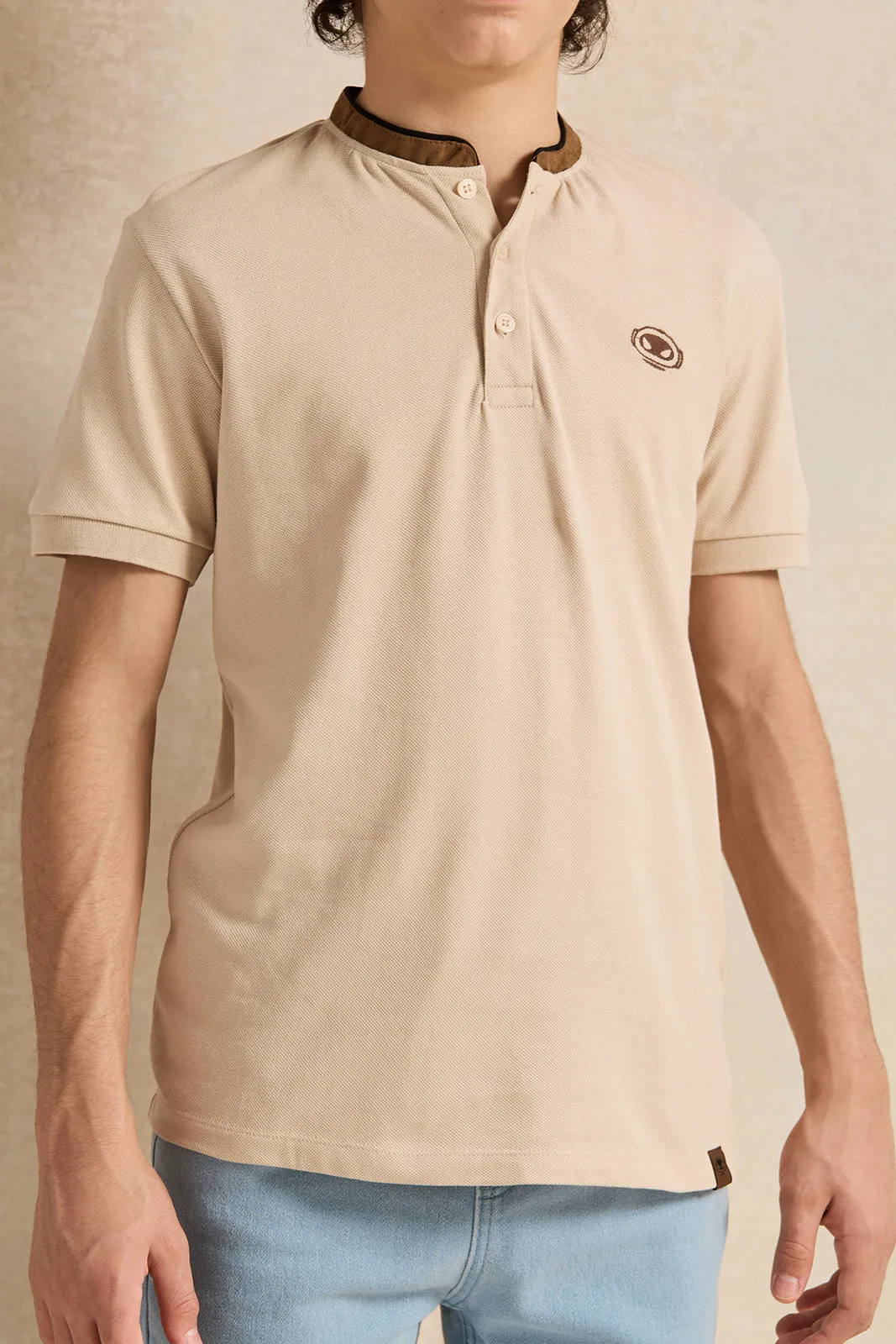 Senior Boys Beige Embroidered Polo Shirt